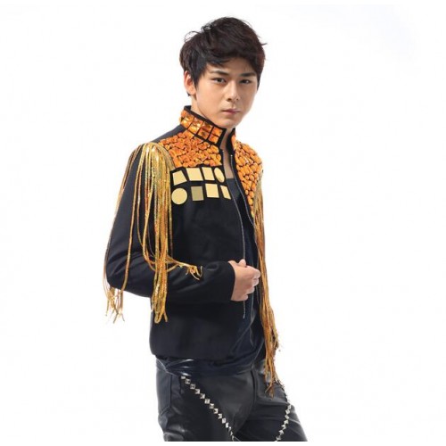 Men's jazz dance jackets gold stones competition modern dance singers night club motorcycle party show stage performance coats